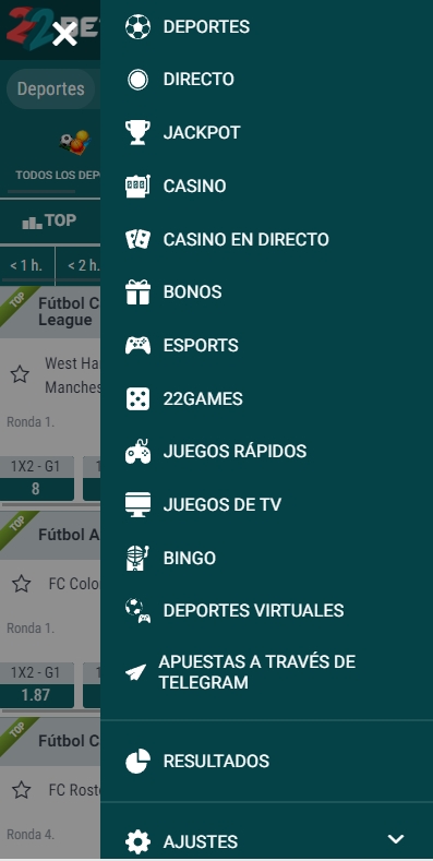El menú de ofertas de apuestas disponibles
